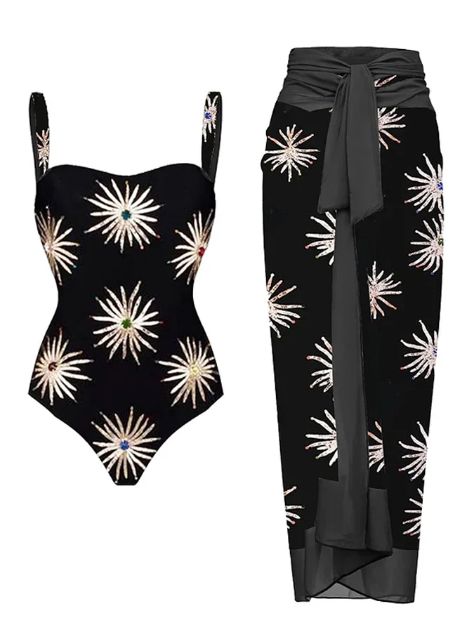 Black Women Firework Print One Piece Bikini Secret God Elegant Slim High Waisted Swimsuit and Long Cover Up 2023