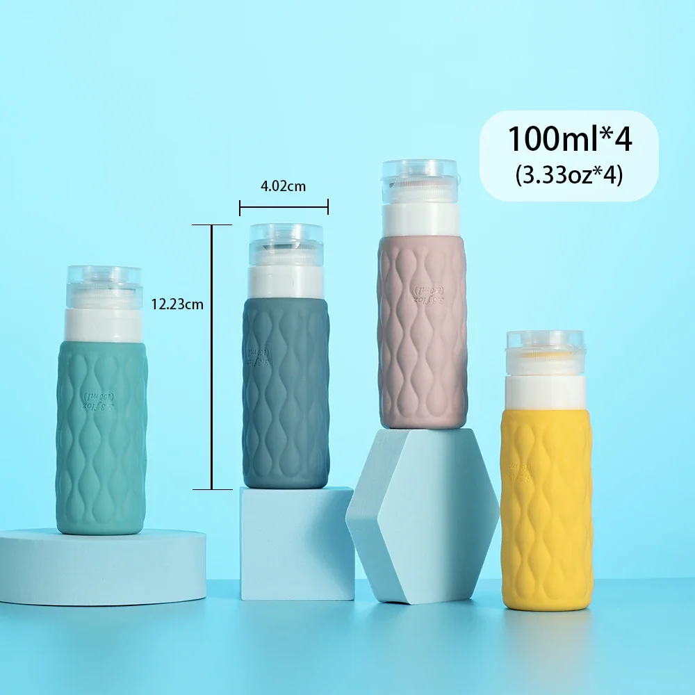 4 bottiglie da viaggio in silicone da 100 ml set per articoli da toeletta perdite comprimibili per shampoo cosmetico crema balsamo lozione sapone