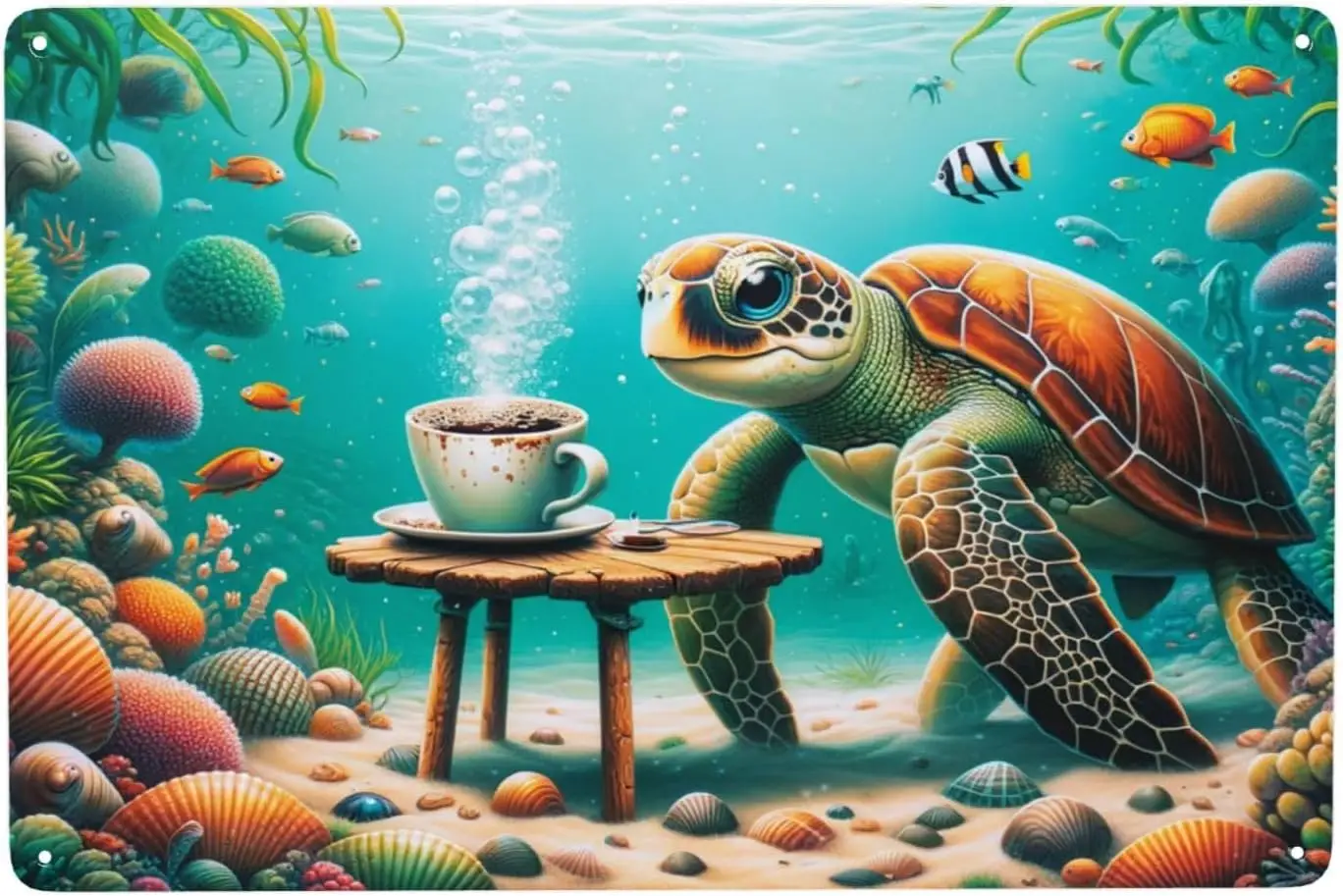 Y1,Serene Undersea Coffee Break Nautical Home Decor Tin Sign with Sea Turtle,Coral Reef Metal signs Wall Art for Coastal T