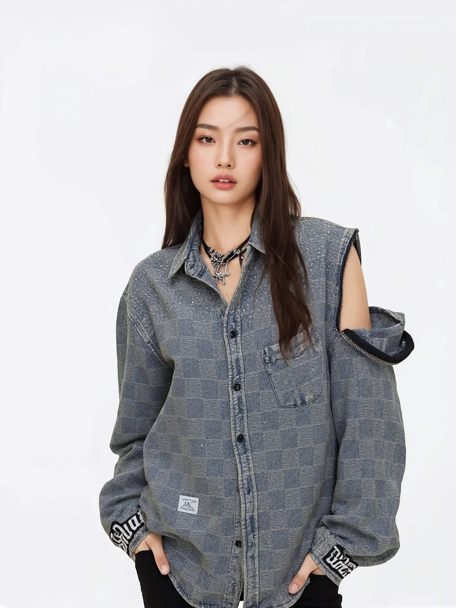 

Женская джинсовая куртка в стиле ретро, свободного кроя, с открытыми плечами, длинный рукав, синяя, удобная, дышащая, из смесового хлопка и полиэстера