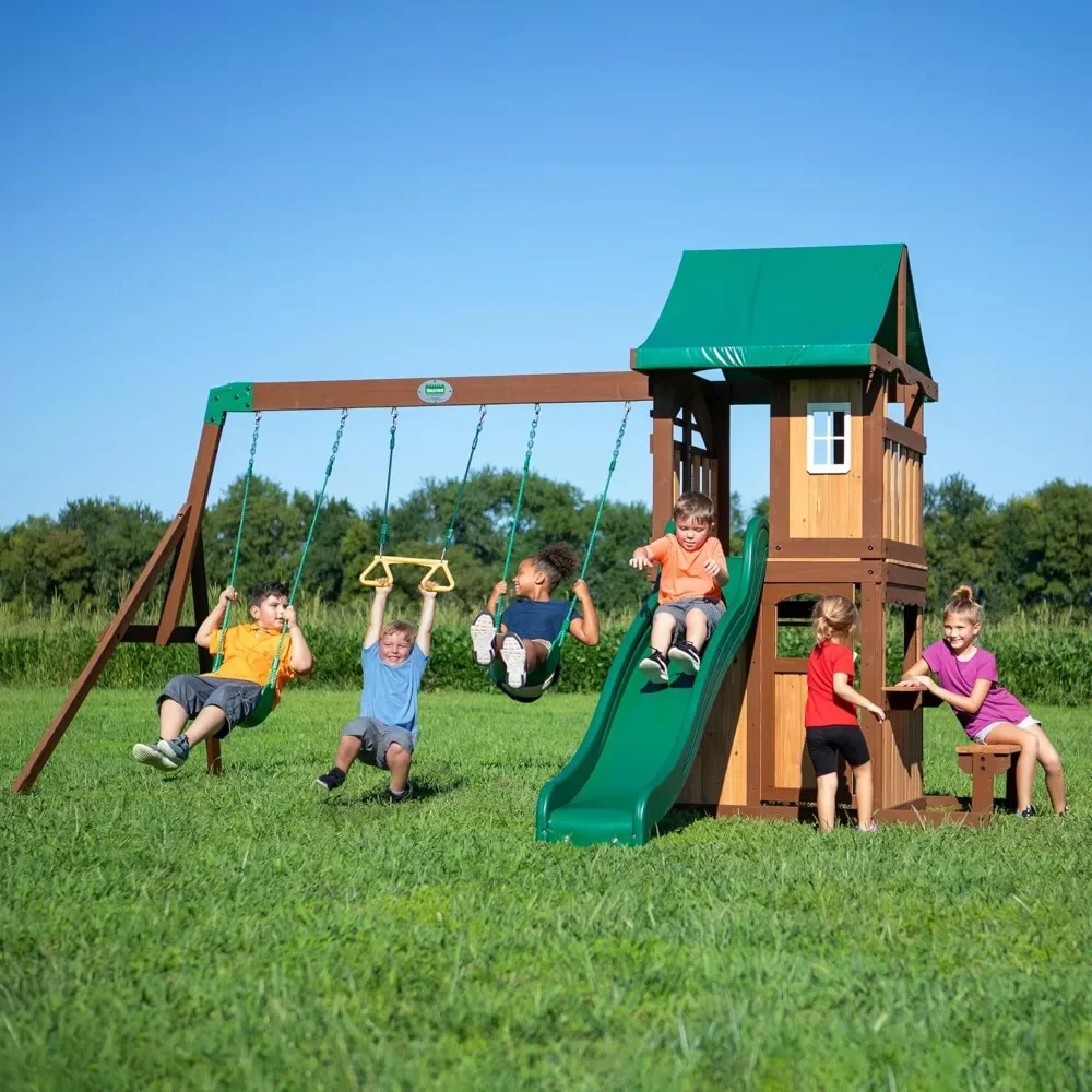 

Playground Covered Upper Deck with White Trim Window, Slide with Rails, Lower Fort Area with Door and Attached Bench