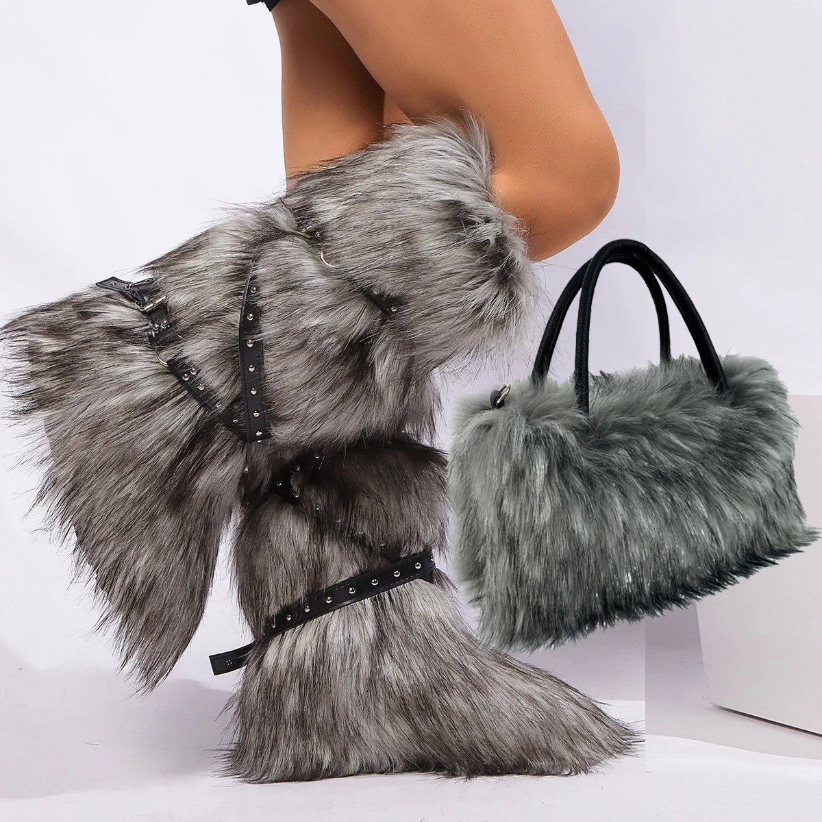 Women's Winter Raccoon-like Snow Boots Over-the-knee Warm Fur Cotton Boots Fashion Plush Bag Imitation Fur Raccoon-like Handbag