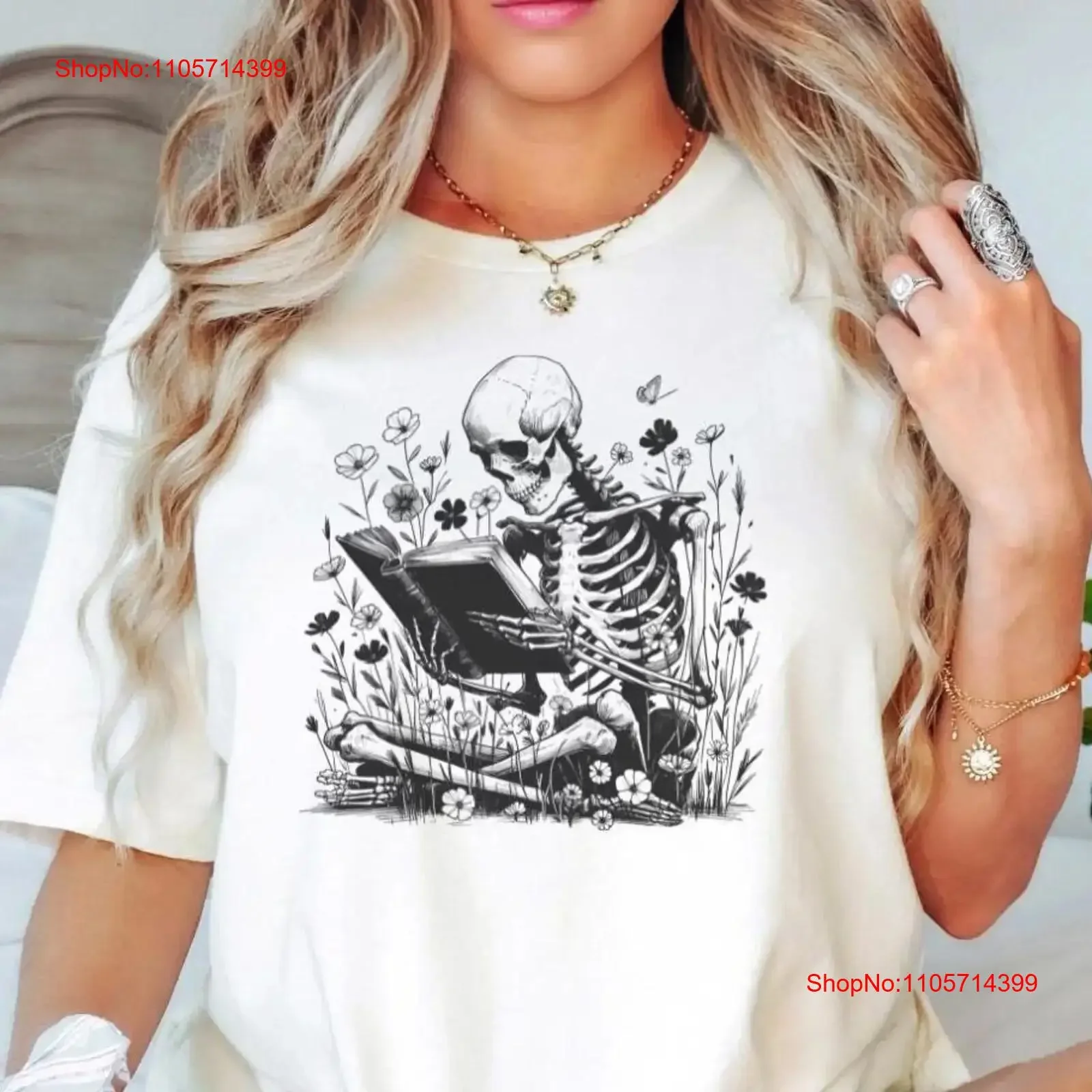 Skeleton Reading T Shirt Book Lover One More Chapter For Reader Read In Peace Club vintage Washed fashion Versatile Stretched