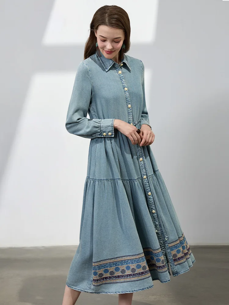 Ladies Elegant A-line Shirt Dress New Arrival 2025 Spring Vintage Style  Embroidery Single Breasted Women Casual Dresses M1348