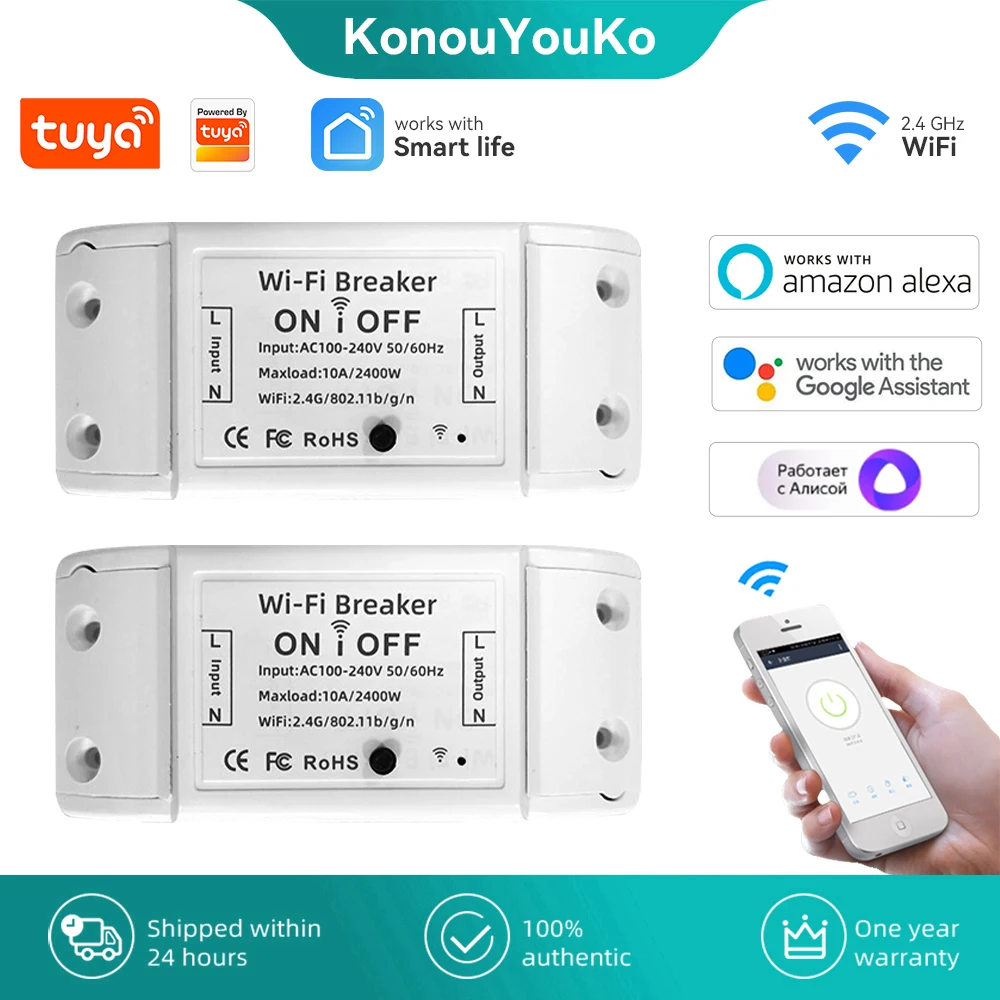 Tuya Smart Home Wifi Smart Switch Module 10A DIY Mini Breaker 100-240V Voice Control Works with Alexa Google Assistant Alice