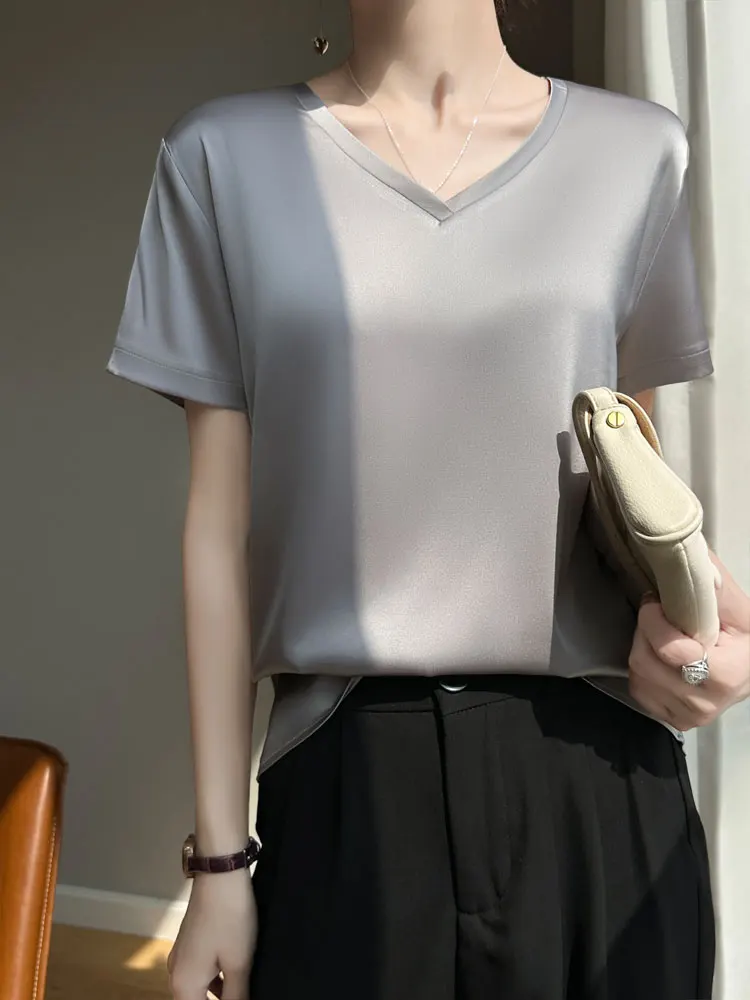 

Silk Satin Short Sleeve T-Shirt Women's round V-Neck Half Sleeve White Silk Dressing Underwear Suit Top Commute Style Pure Color