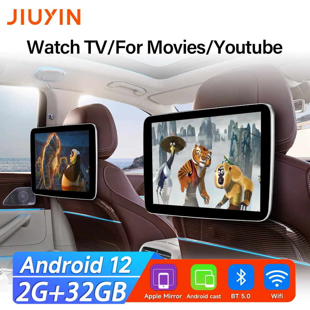 JIUYIN Android 12 Tablet Touch Screen Headrest Monitor Display IPS For Car Rear Seat Player Video Music Bluetooth AirPlay HDMI