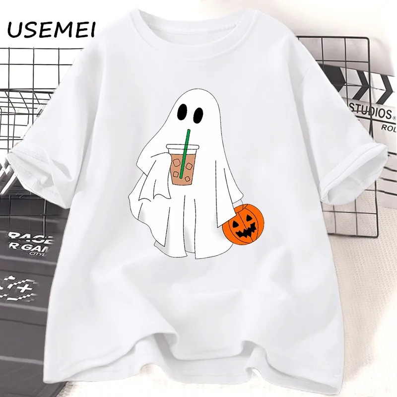 Cute Ghost Coffee T-Shirt Women Cotton Ghost Iced Coffee T-shirt Boo Ghost Tshirt Halloween Coffee Lovers Tees Shirt Clothing