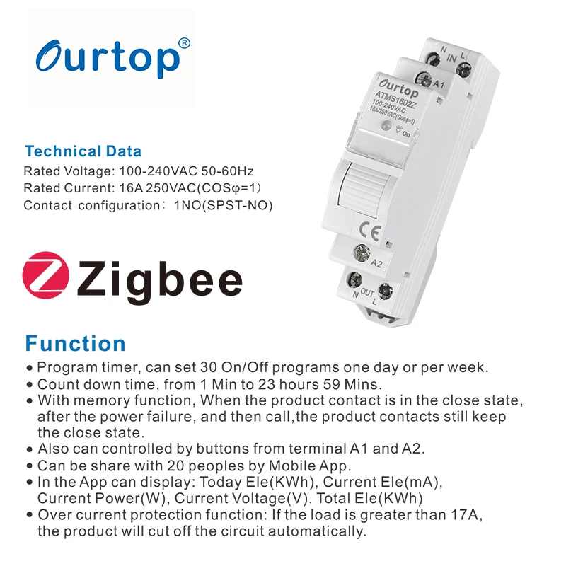 ATMS1602Z Zigbee Smart Timer 16A 240VAC Timer Relay Switch by Tuya APP KWH Energy Power Meter