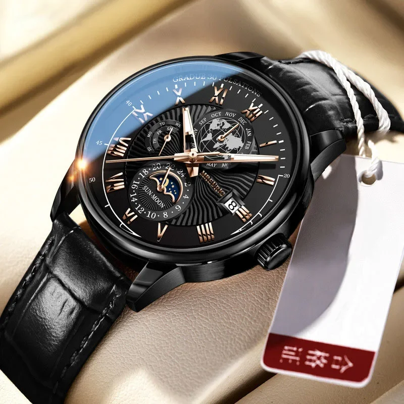 2024 Men Watch Top Luxury Sport Men Wristwatch Business Leather Date Quartz Watches Calendar Sun-Moon Man Clock Reloj Hombre