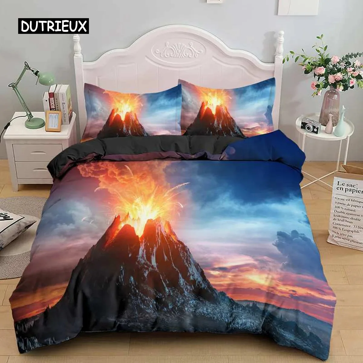 Volcano King Queen Duvet Cover Eruption Hot Lava Bedding Set for Kids Teens Adults Natural Disaster Molten Polyester Quilt Cover