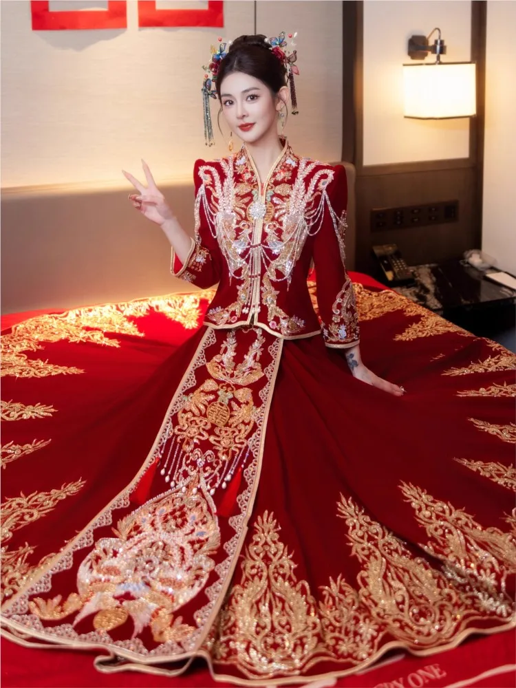 

New velvet dress for brides Chinese-style wedding toasting short people