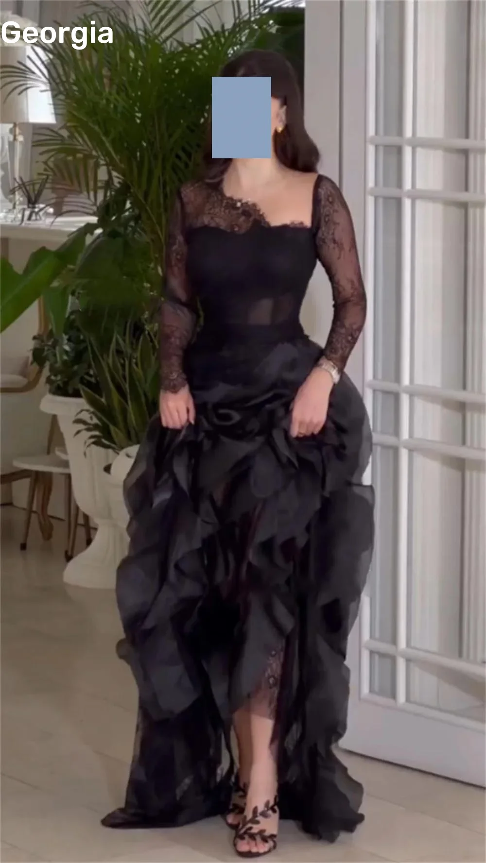 Black Elegant Party Dresses For Women Customized A-Line Split Square Neckline Prom Dresses Flowers Zipper Up Wedding Party Dress