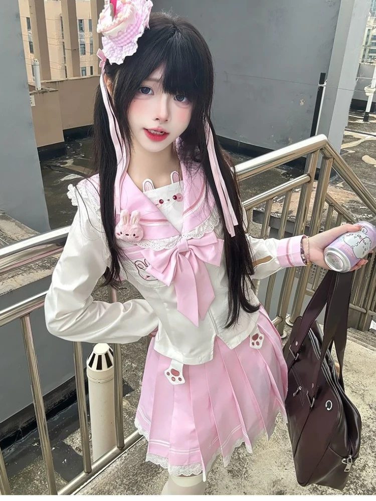 Kawaii Lovable Slim Bow с длинным рукавом, комплект из 2 предметов, женский дизайн, милые модные футболки с темно-синим воротником + кружевной торт, короткая юбка, костюм