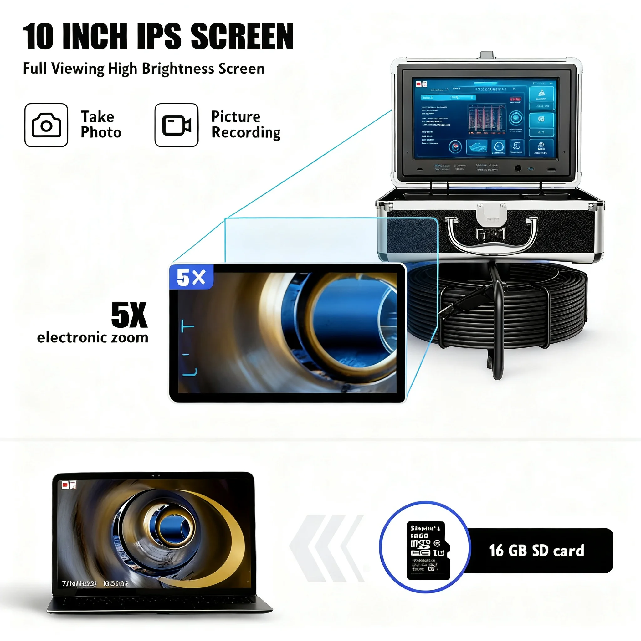 

512Hz Transmitter Endoscope Camera with 5X Zoom Video Record 4500mAh Battery for Sewer Drain Pipe Inspection IP68 Waterproof