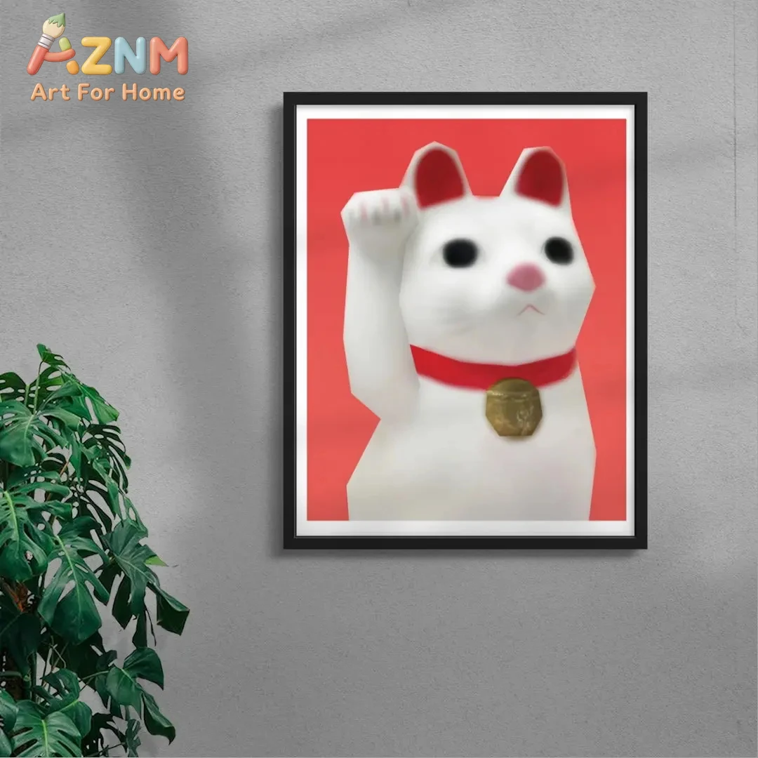 

Retro Low Poly Maneki-neko Framed Wall Art - Japanese Lucky Cat Print Red Cute Decor for Home Office