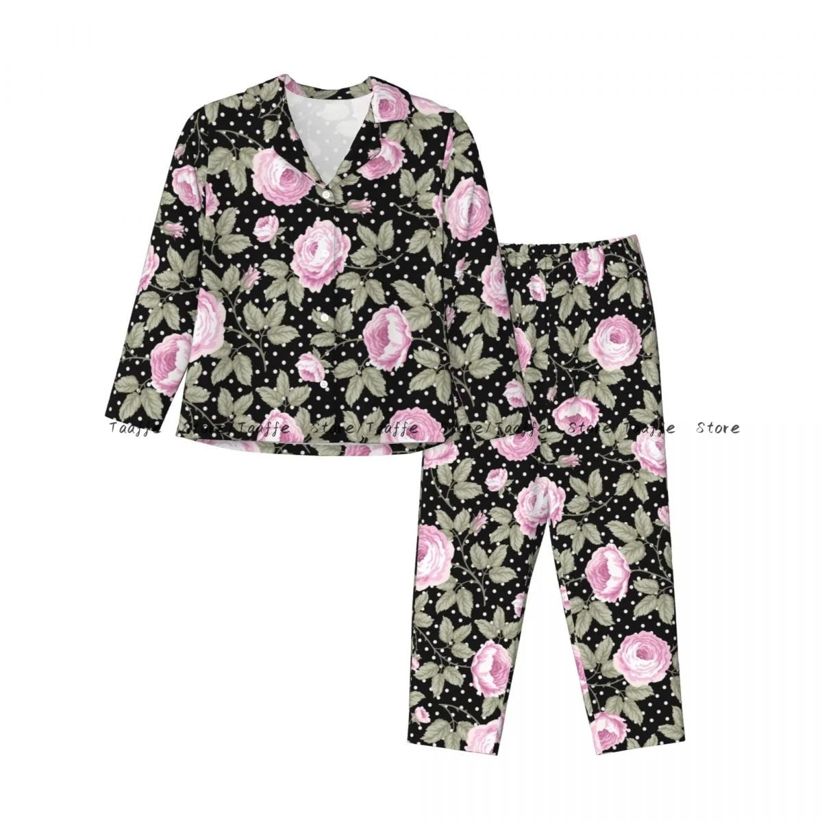 Women Sleepwear Loungewear Floral Pink Roses Long Sleeve Lapel Neck Shirt and Elastic Waist Pants Pajamas Set