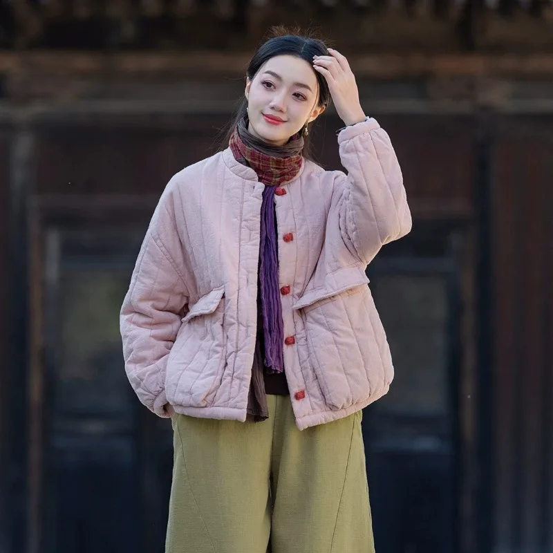 Cotton and Linen Retro Women's Jacket 2026 New Spring Autumn Loose Short Casual Round Neck Single Breasted Tops Women Coat
