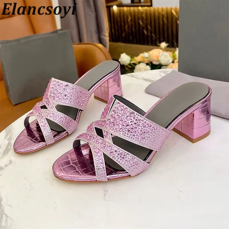 Shiny Rhinestone High Heels Slipper Women's Open Toe Hallow Outs Chunky Heels Lazy Sandals Summer Outdoor Fashion Beach Shoes