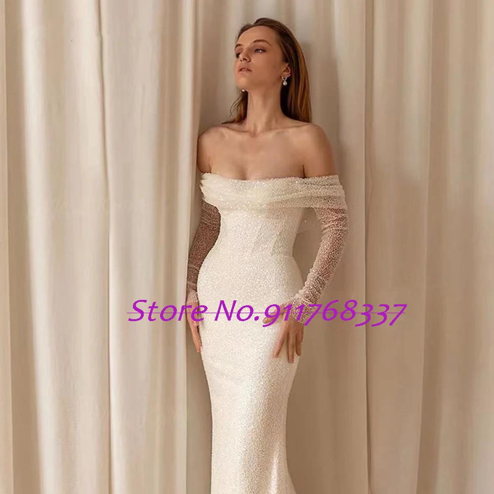 Trouwjurk Shining Mermaid Wedding Dress Long Sleeve with Detachable Train Robe Mariage Sequined Beading Luxury Vestidos De Novia