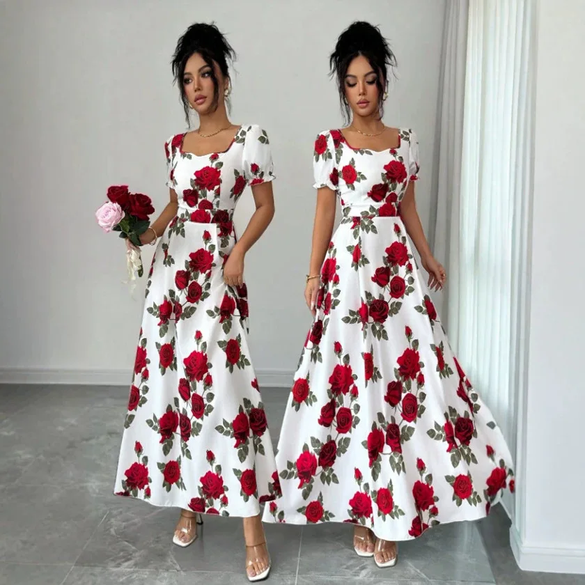 Red Rose Print Long Dress, Elegant And Slim-fit, Resort Style, 2026 New Model Summer Long Dress Boho Elegant Vestidos Outfits