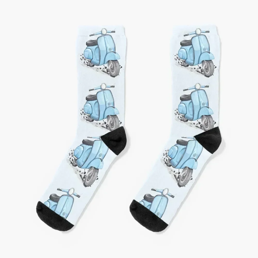 Blue Classic Vintage European style scooter Socks retro with print Socks For Women Men's