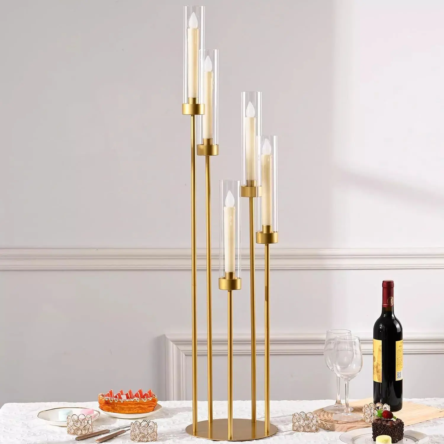 Gold Floor Candelabra,5 Arm Candle Holder Tall Floor Candle Holder with Acrylic