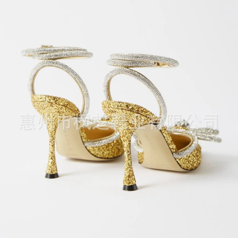 Women Pumps Office Career Summer Sequined Cloth 8CM Thin High Heels Pointed Toe Buckle Strap Butterfly-knot Solid Woman Shoes