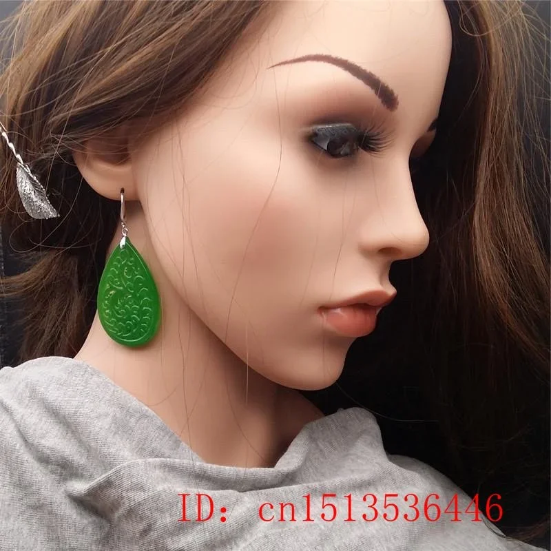 Original Natural Green Jade Emerald Hollow Out Earrings Jewellery Fashion Accessories DIY Hand-Carved Woman Amulet Customized