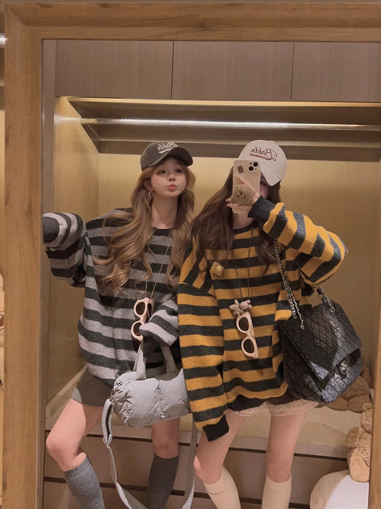 

Yukiss Faionable Thiened Wide Stripes Plu Knitted Sweatirt Casual Slim Fit Long Sve round Ne Knitwear for Women