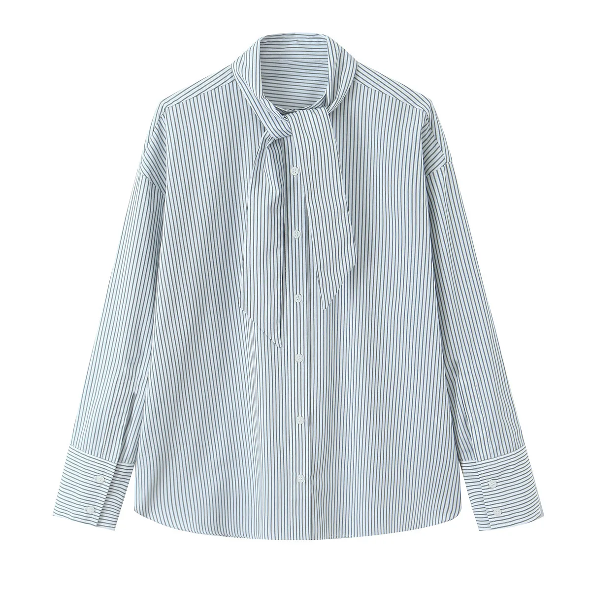 Women's Fashionable Casual Scarf-Style Striped Poplin Shirt   ENI4