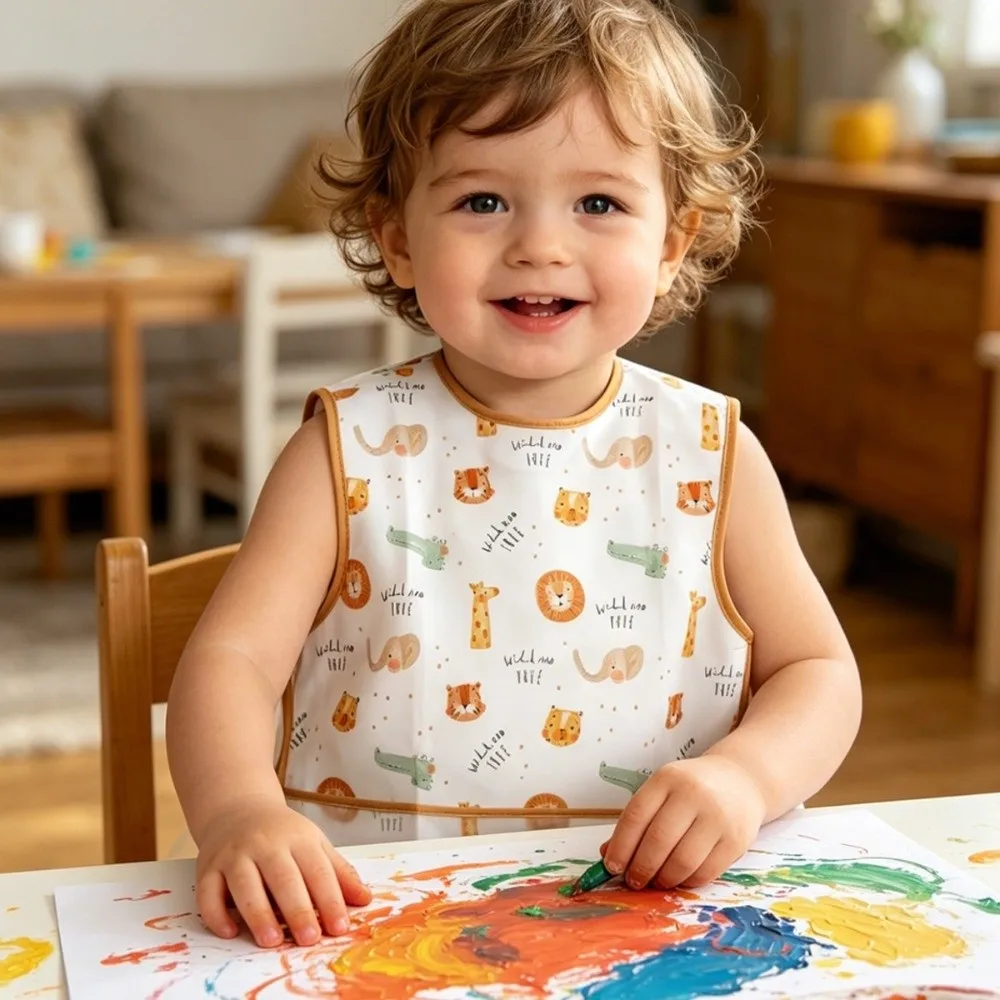 Waterproof Baby Feeding Bib Sleeveless Design Cartoon Print Toddler Eating Apron Lightweight Fabric Food Catcher Pocket