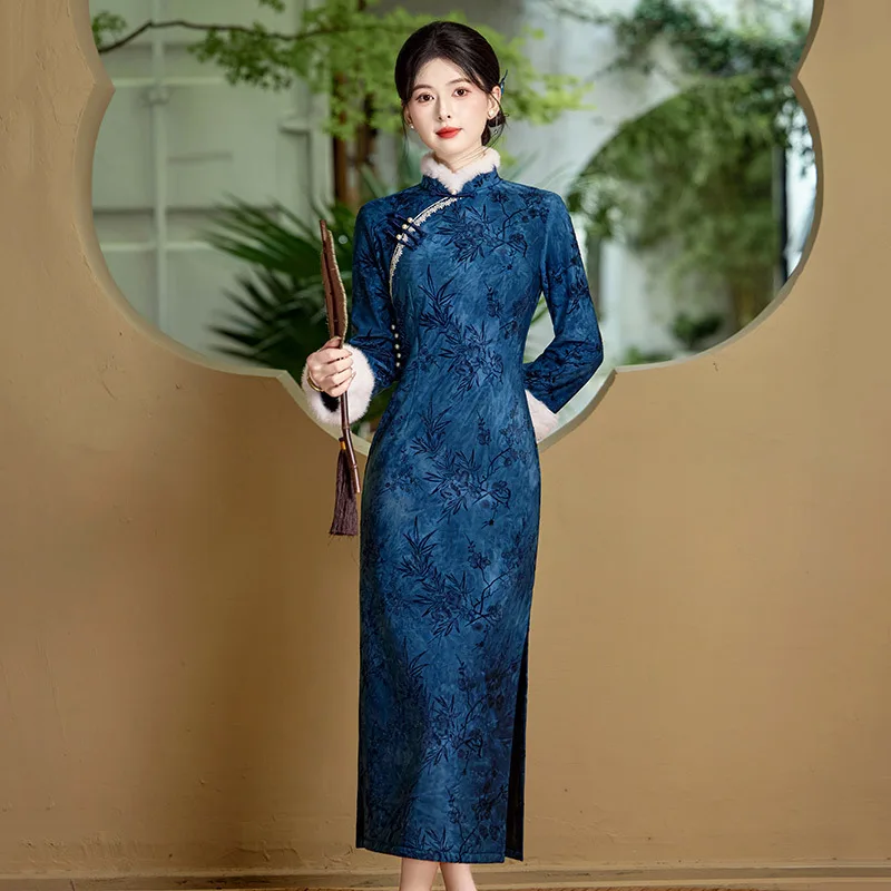 

Blue Chinese Style New Autumn and Winter Long Sleeved Cheongsam Improved 2025 New Women's Retro Slim Qipao Dress