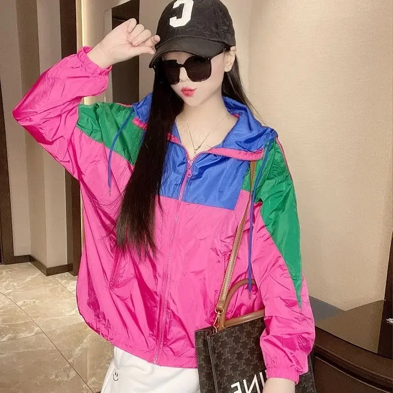 

Spring Summer Women Hooded Jacket Long Sleeve Sweatshirt Sunscreen Clothing Patchwork Streetwear Coats Korean Fashion Thin Tops