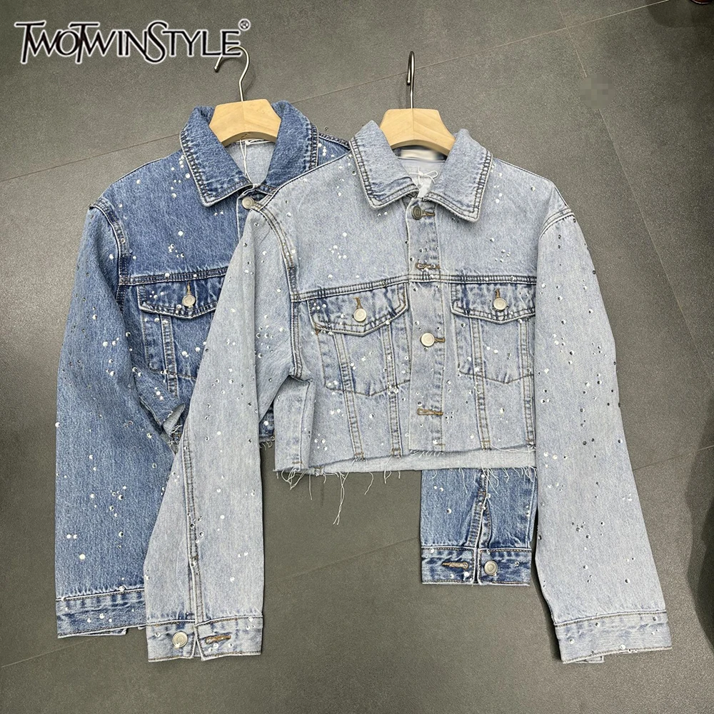 

TWOTWINSTYLE Design Sense Denim Jackets For Women Lapel Long Sleeve Spliced Button Spring Vintage Chic Jacket Female KJA557170