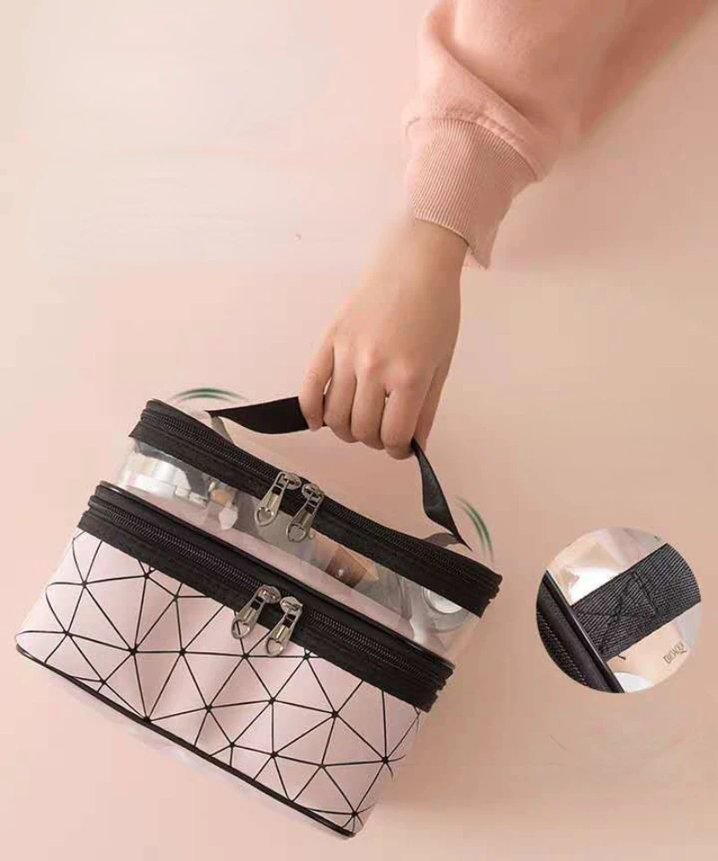 Double-layer Cosmetic Bag for Women Travel Portable Makeup Organizer Wash Case Big Capacity Multi-functional PU PVC Lattice New