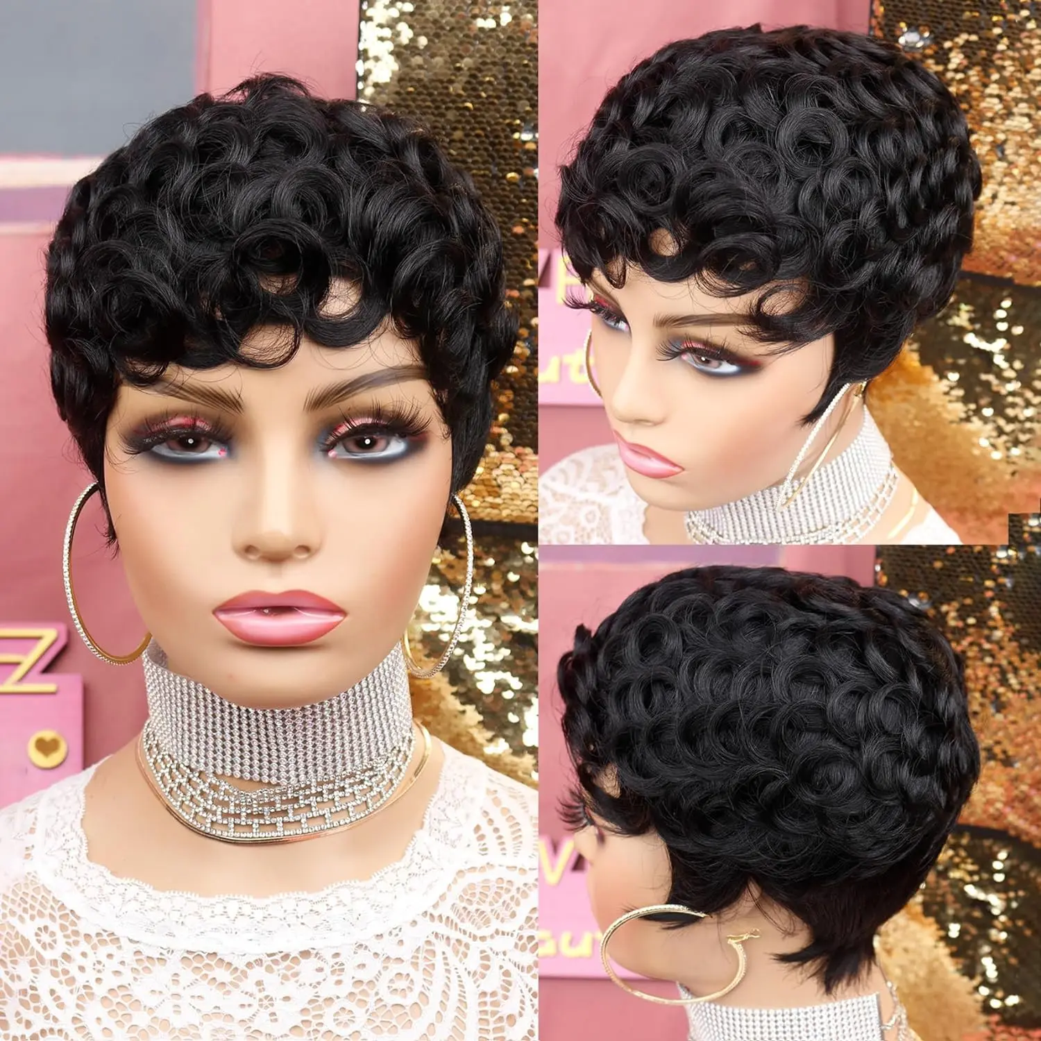 Short Wavy Curly Pixie Cut Wig Heat Resistant Synthetic Hair Daily Wear Pixie Cut Wigs Short Black Curly Pixie Wigs Layered Heat  main image 2
