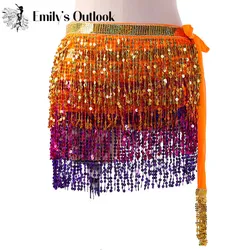 4 Layers Wave Hip Scarf Women Belly Dance Performance Costume Shine Sparkle Fringe Sequin Mini Skirt Wrap Belt Colorful New Gold