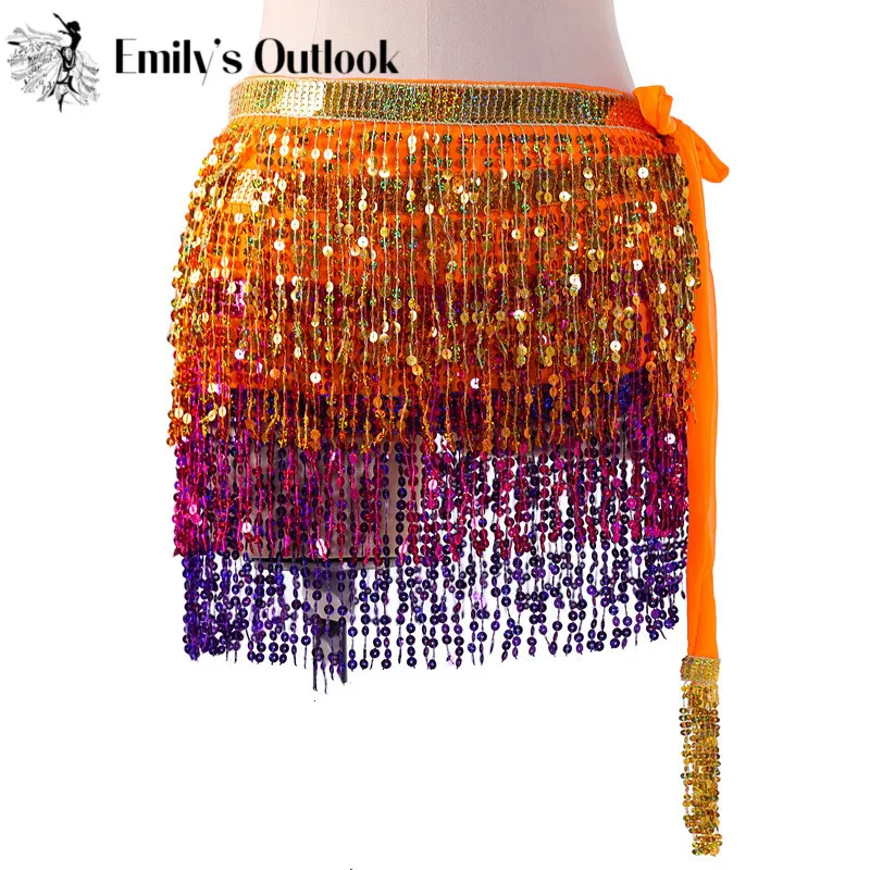 4 Layers Wave Hip Scarf Women Belly Dance Performance Costume Shine Sparkle Fringe Sequin Mini Skirt Wrap Belt Colorful New Gold