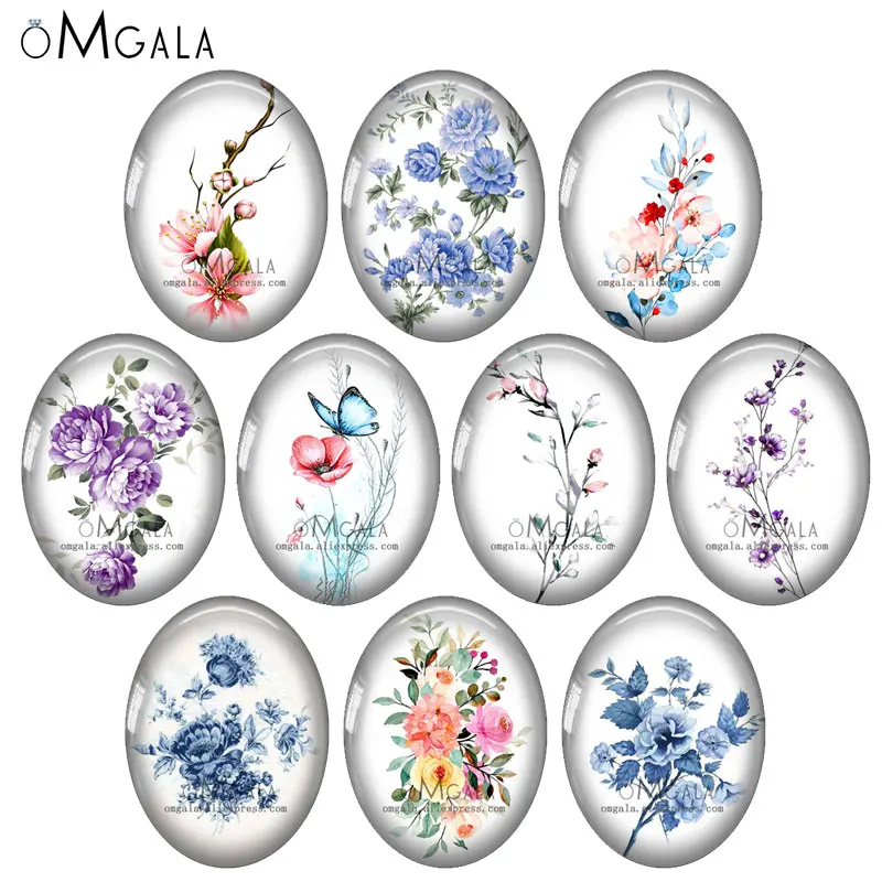 Beautiful Flowers Art Paintings 10pcs 13x18mm/18x25mm/30x40mm Oval photo glass cabochon demo flat back Making findings