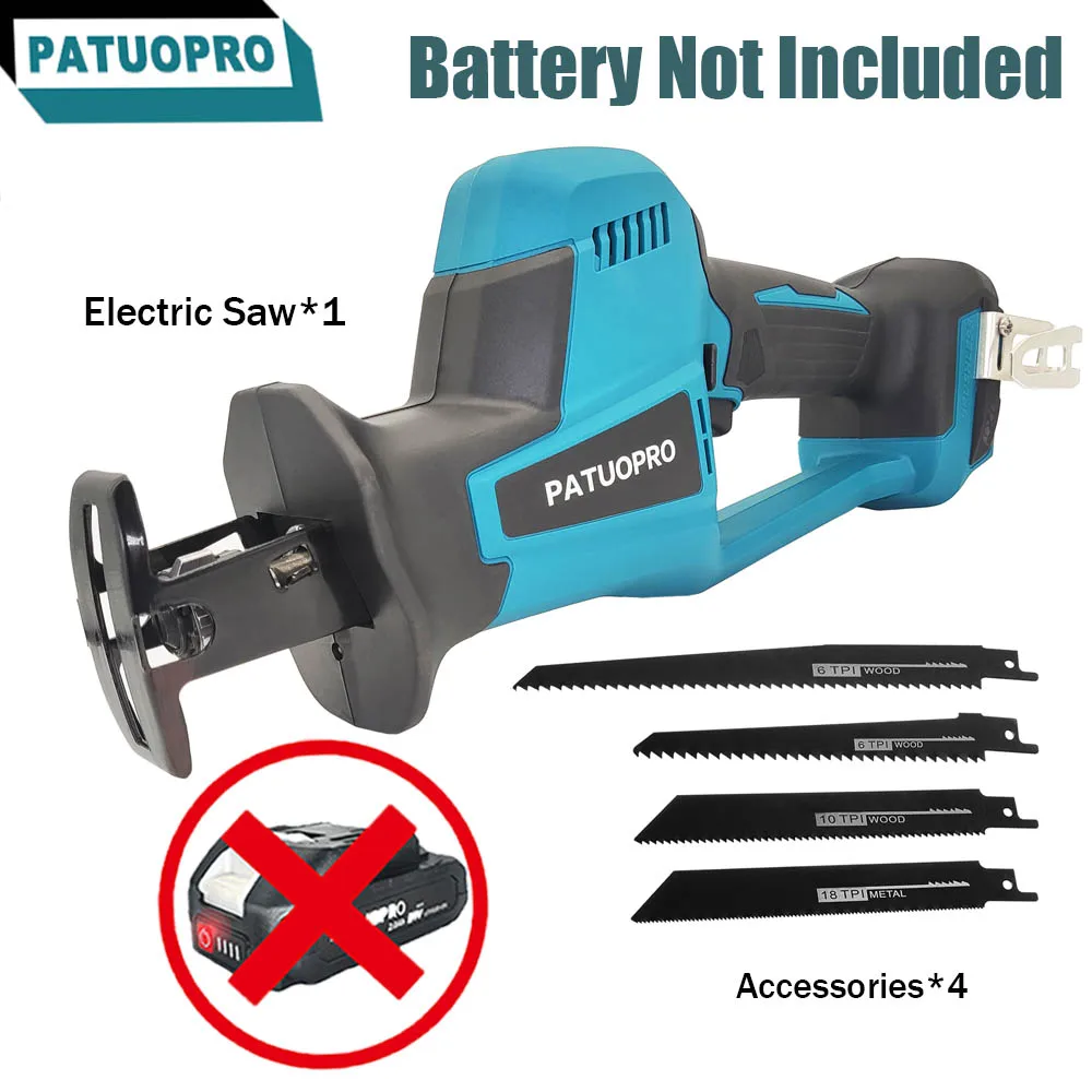 

PATUOPRO Electric Reciprocating Saw With 4Blades Cordless Brushless Adjustable Speed Wood Saw For Makita 18V Battery(No Battery)