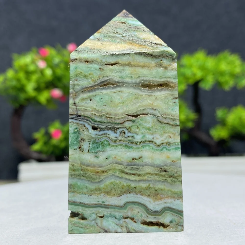 Natural Green Stripes Agate Obelisk Wand Tower Healing Crystal Point Home Decor Energy Reiki Gift Stone
