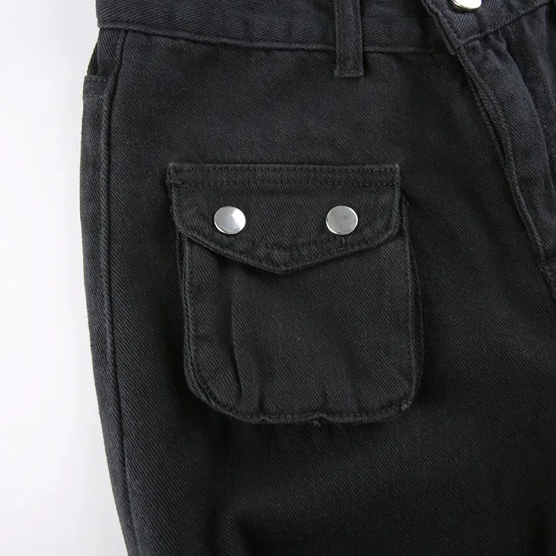 Metal Button High Waisted Straight Leg Jeans Drop Crotch Trousers Streetwear Hip Hop Fashion Y2K Cargo Denim Pants for Women