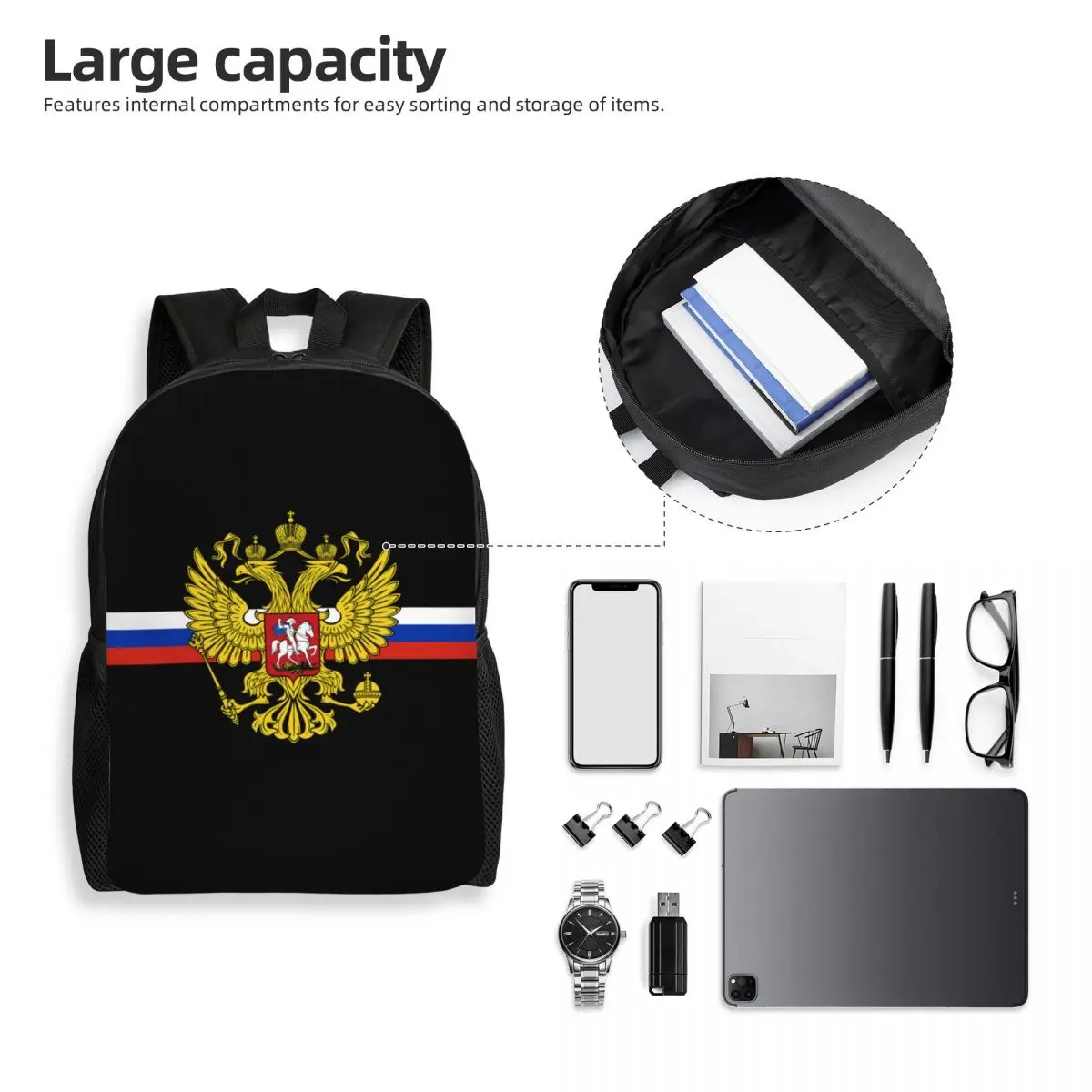 Custom Coat Of Arms Of Russia Laptop Backpack Men Women Casual Bookbag for School College Student Russian Flag Bag