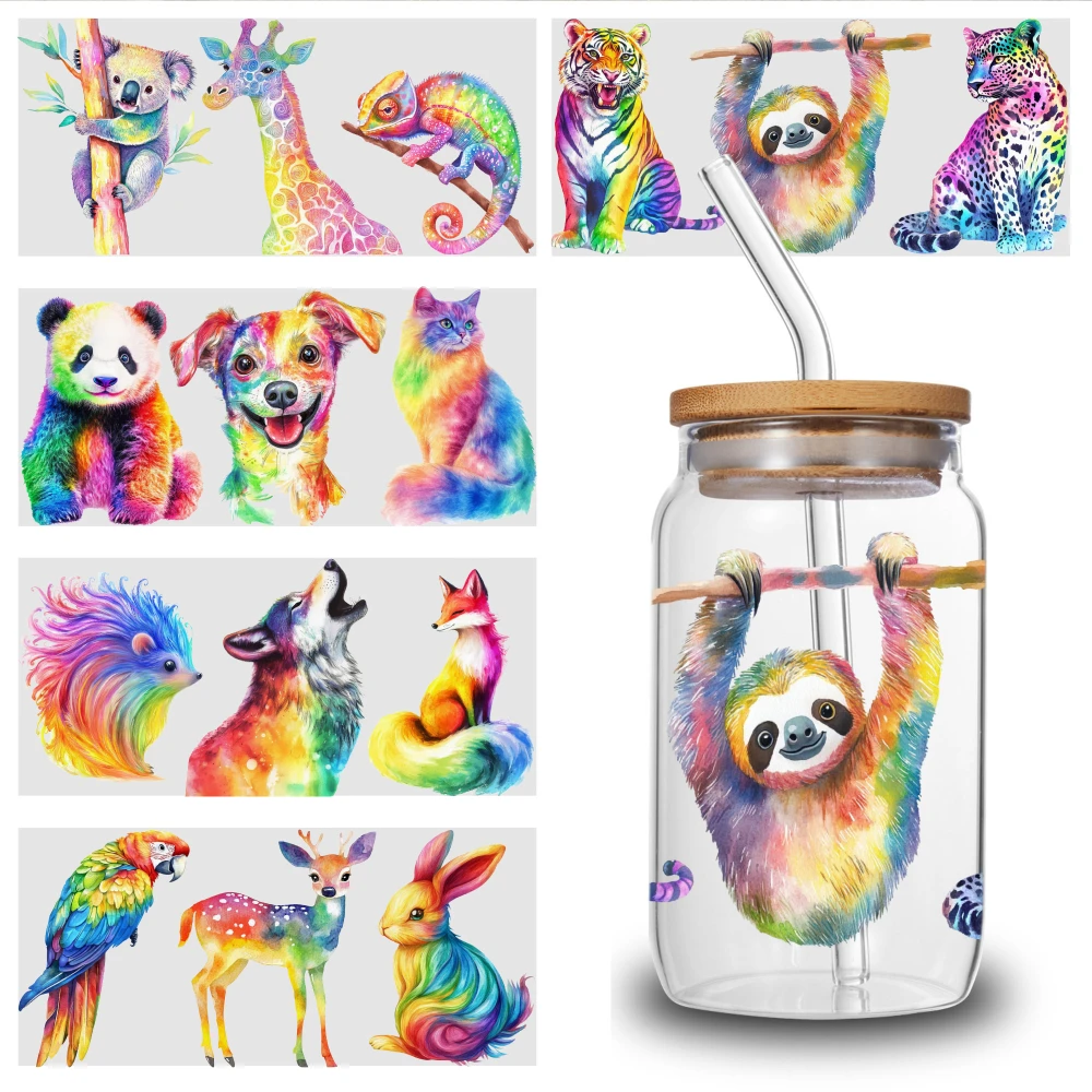 5 Sheets Animal Rainbow Prints Glass Cup UV DTF Stickers Suitable for 16 oz Glass