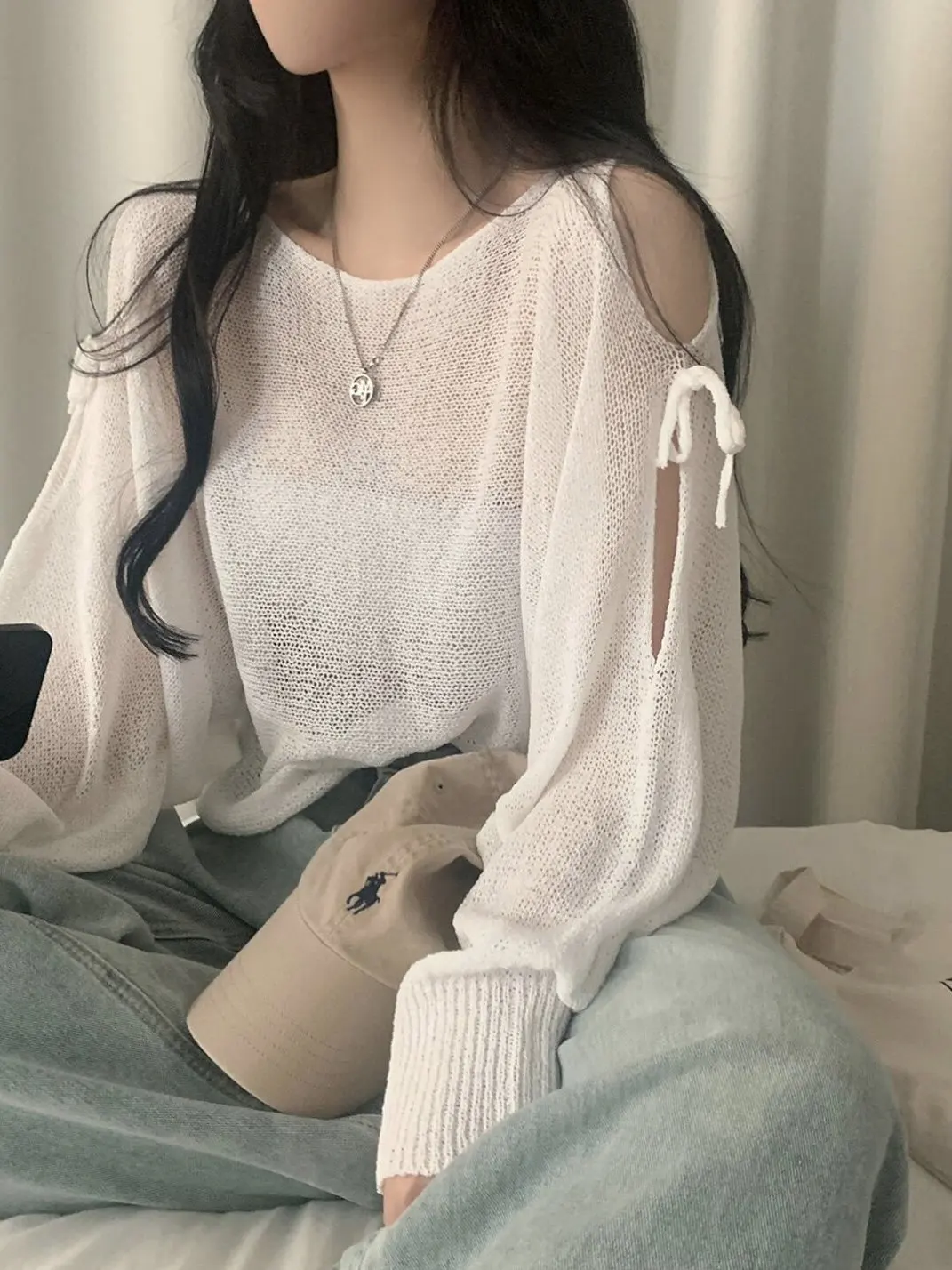 Loose Hollow out Knitted Long Sleeve Women's T-Shirt Korean Style Shoulder Bared Split Soft Comfortable Summer Top