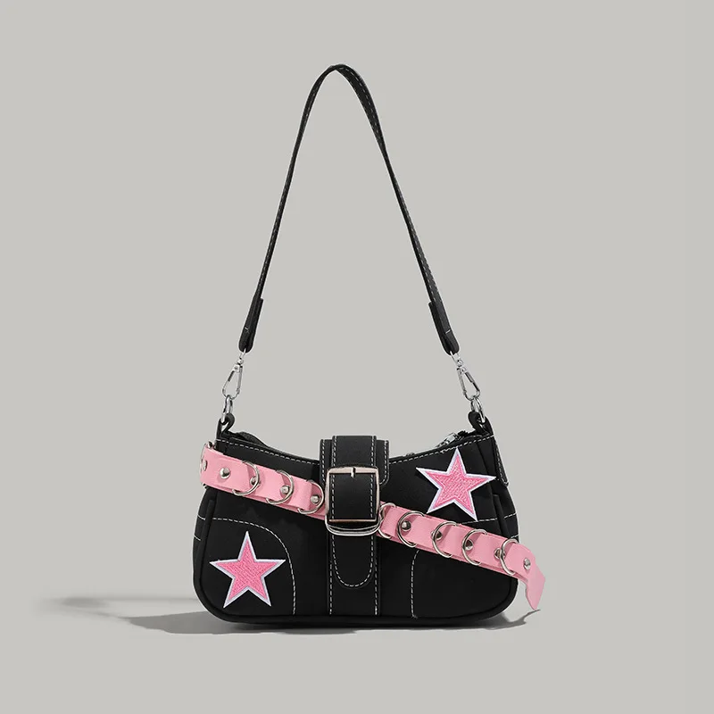 

Niche Motorcycle Style Design Patchwork High-Quality Pink Star Underarm Shoulder Bag
