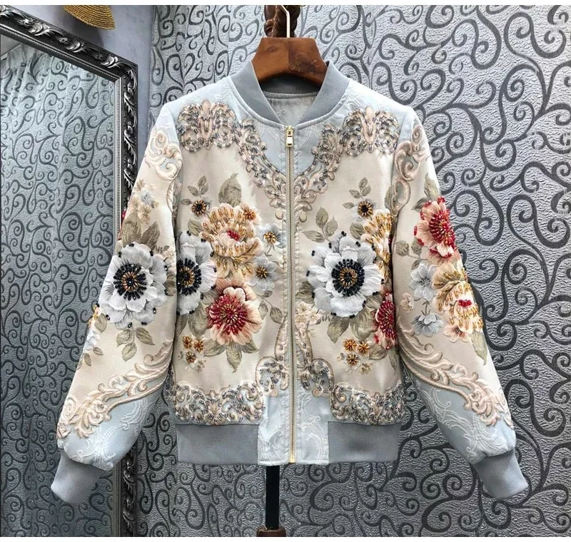 2024 Spring Autumn  Fashion Jackets High Quality Casual Clothing Women Hand Made Beading Long Sleeve Vintage Coat Jacket Bomber