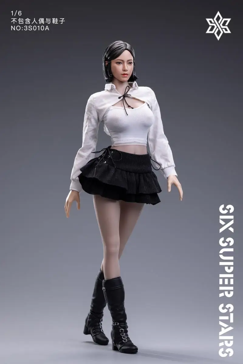 1/6 Women Soldier Crop Tops Coat Black Punk Mini Pleated Skirt Streetwear Rock Costume For 12 Inches Action Figure Body