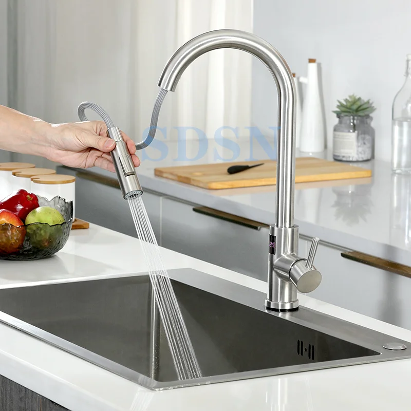 Black Touch Digital Kitchen Mixer Tap Hot Cold Pull Out Kitchen Sink Faucet 304 Stainless Steel Digital Touch Kitchen Faucets